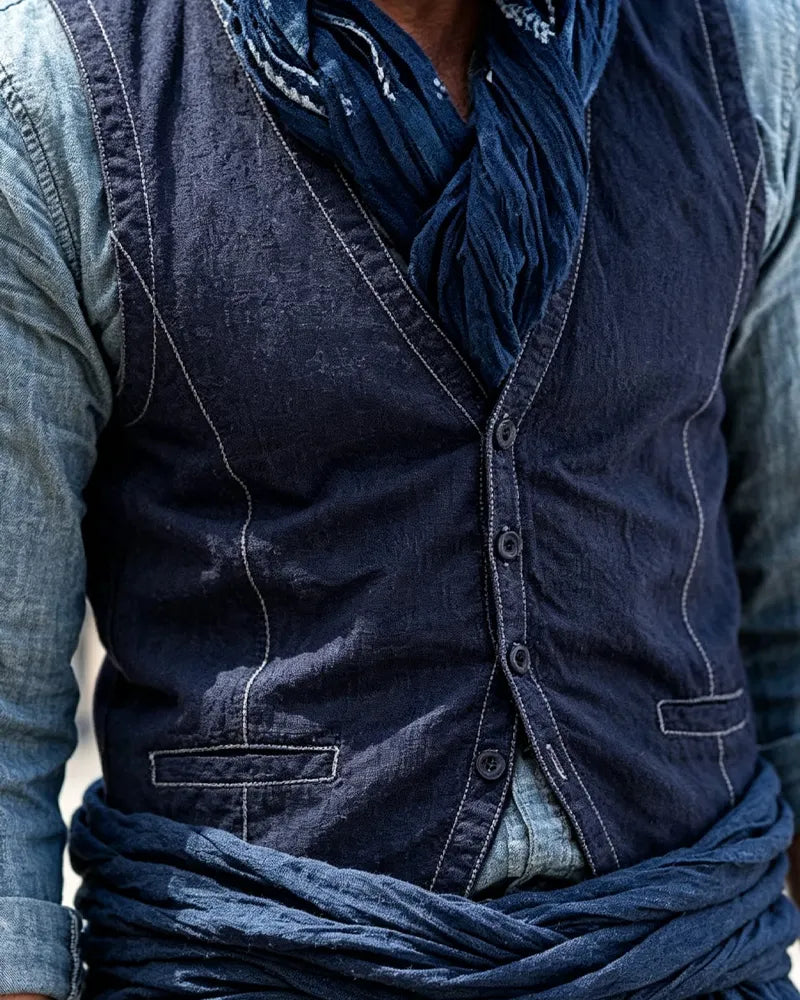 Vintage Navy Cotton Blend Single-breasted Vest