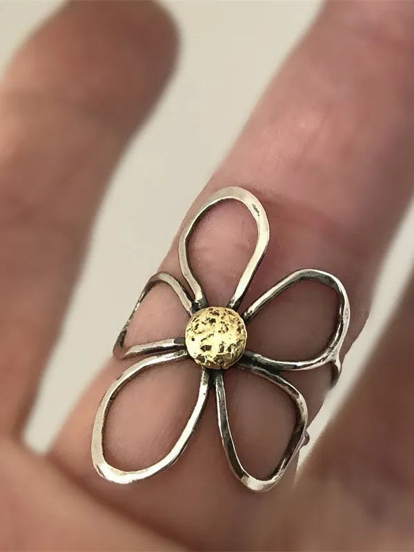 Hollow-Out Flower Two-Tone Open Ring