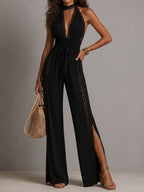 Boho Elegant Black Lace Panel Smocked Waist Wide Leg One-Piece Jumpsuit