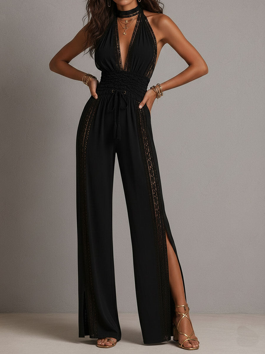 Boho Elegant Black Lace Panel Smocked Waist Wide Leg One-Piece Jumpsuit