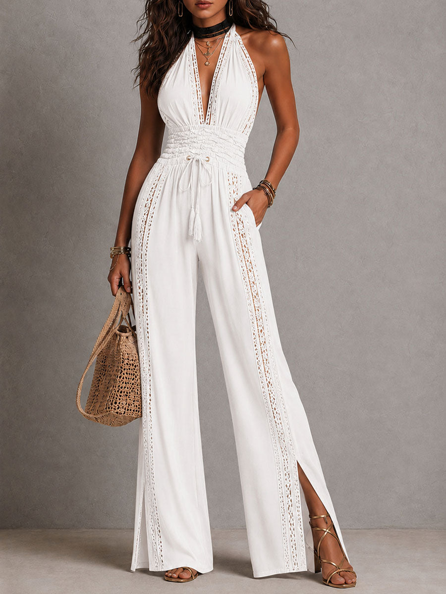 Boho Elegant Black Lace Panel Smocked Waist Wide Leg One-Piece Jumpsuit