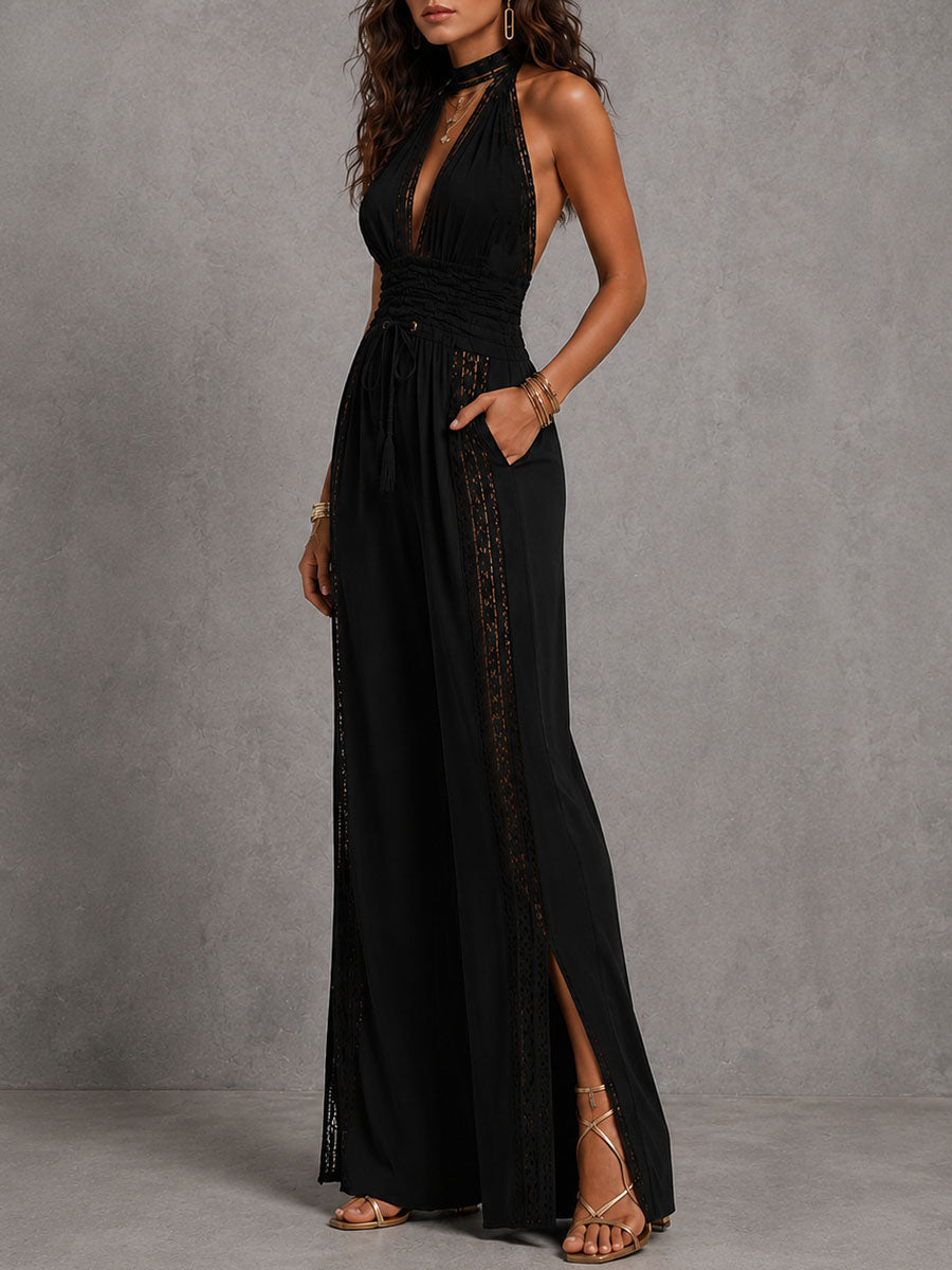 Boho Elegant Black Lace Panel Smocked Waist Wide Leg One-Piece Jumpsuit