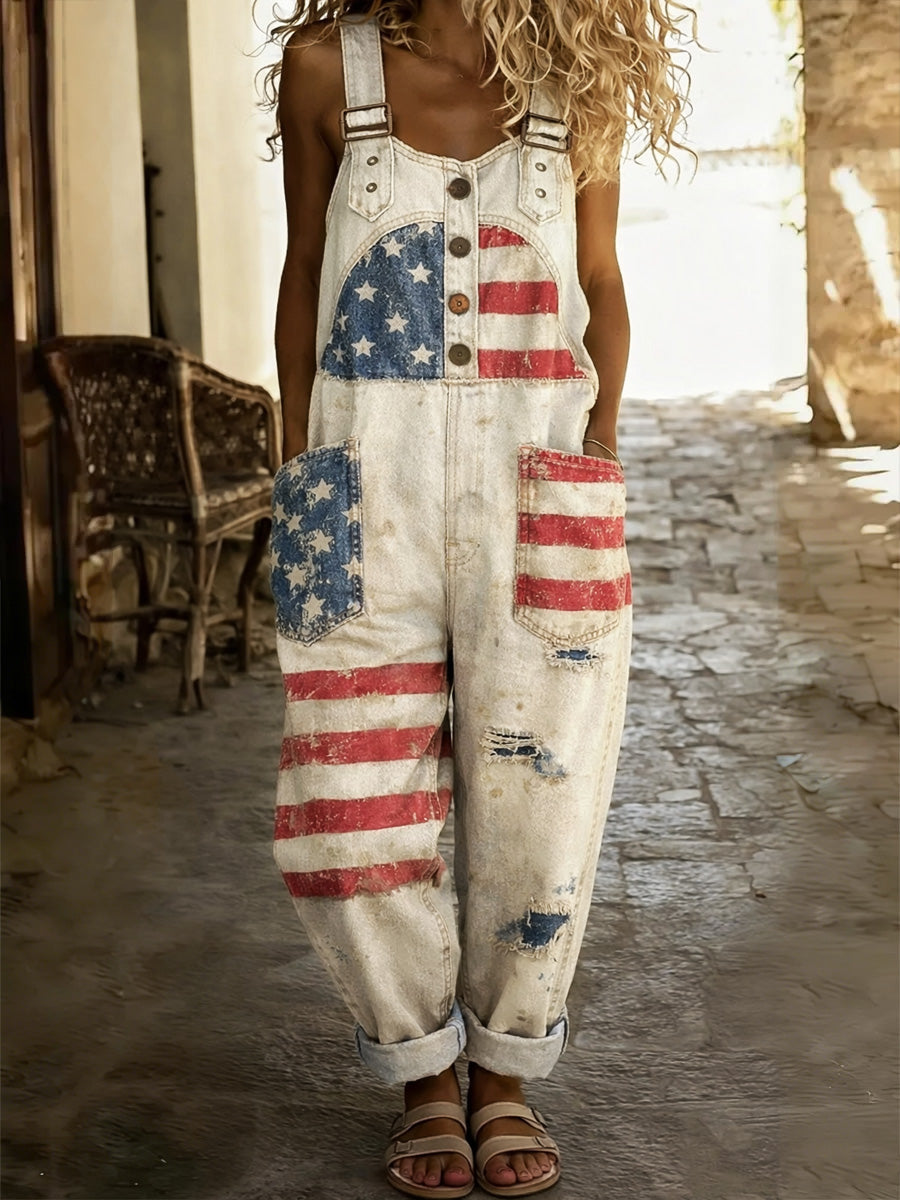 Floral Art Print Denim Patchwork Jumpsuit