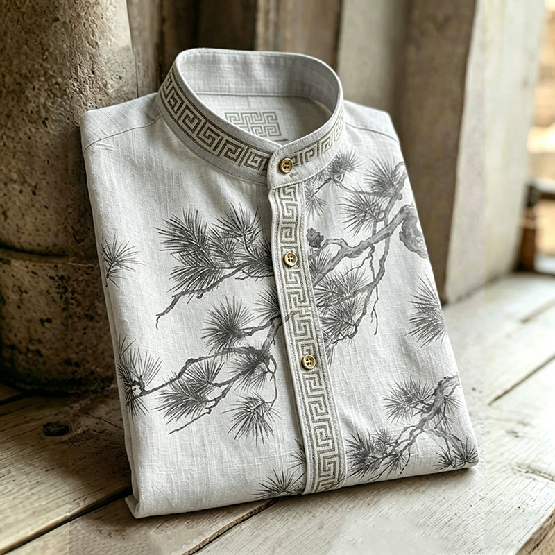Vintage Japanese Pine Art Pattern Linen Blend Shirt