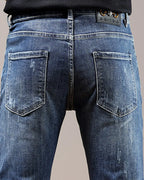Vintage Indigo Blue Patchwork Embroidered Distressed Straight©\Leg Denim Jeans
