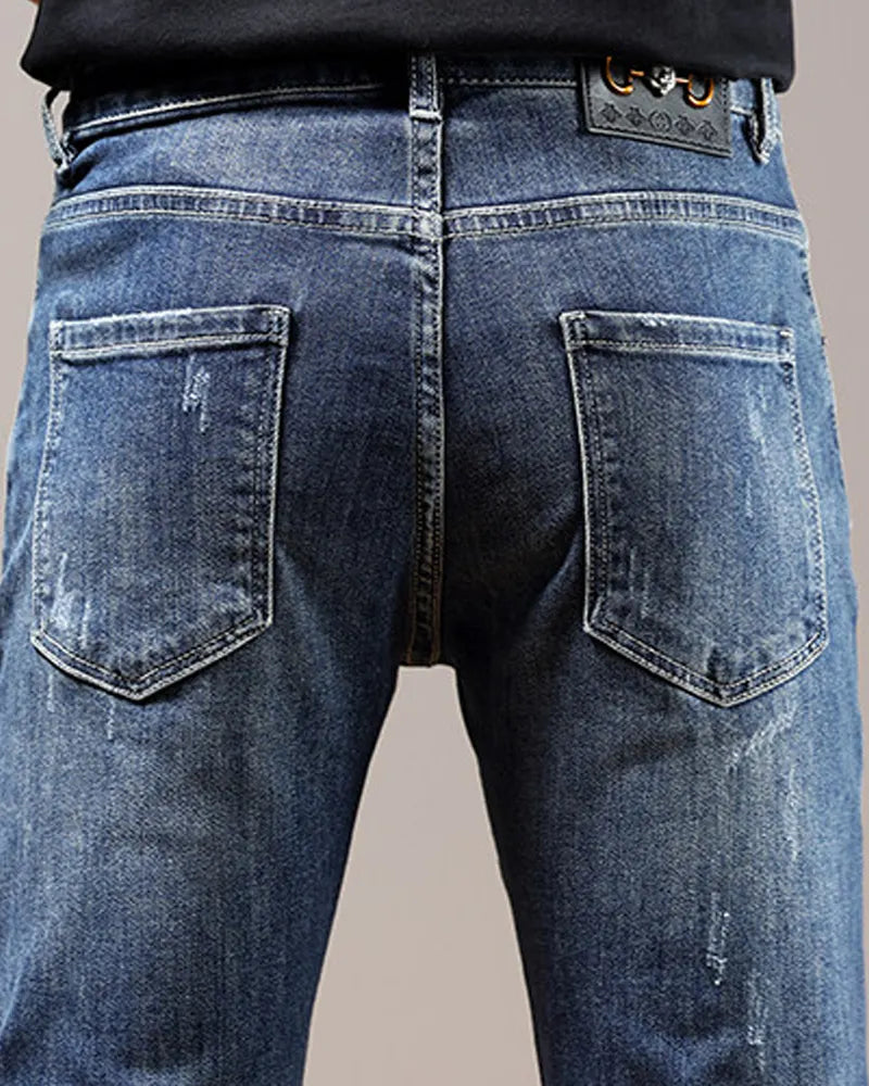 Vintage Indigo Blue Patchwork Embroidered Distressed Straight©\Leg Denim Jeans