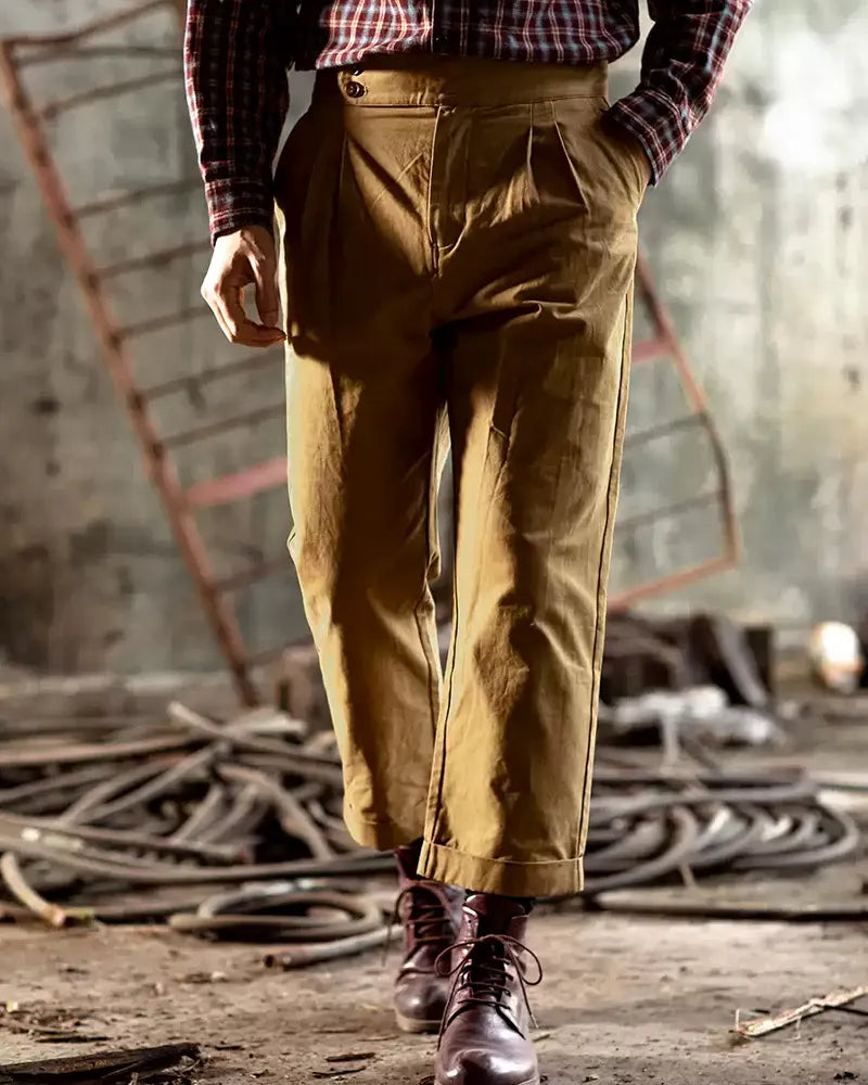 Vintage Khaki Cotton Twill High©\Waist Trousers