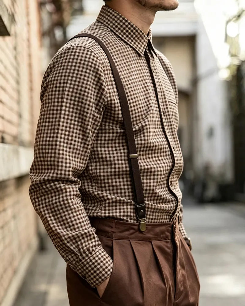 Vintage Brown Plaid Long-sleeved Shirt