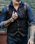 Vintage Navy Blue Plaid Single-breasted Vest