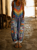 Women's Retro Pride Month Rainbow Art Print Washed Cotton Denim Patchwork Jumpsuit