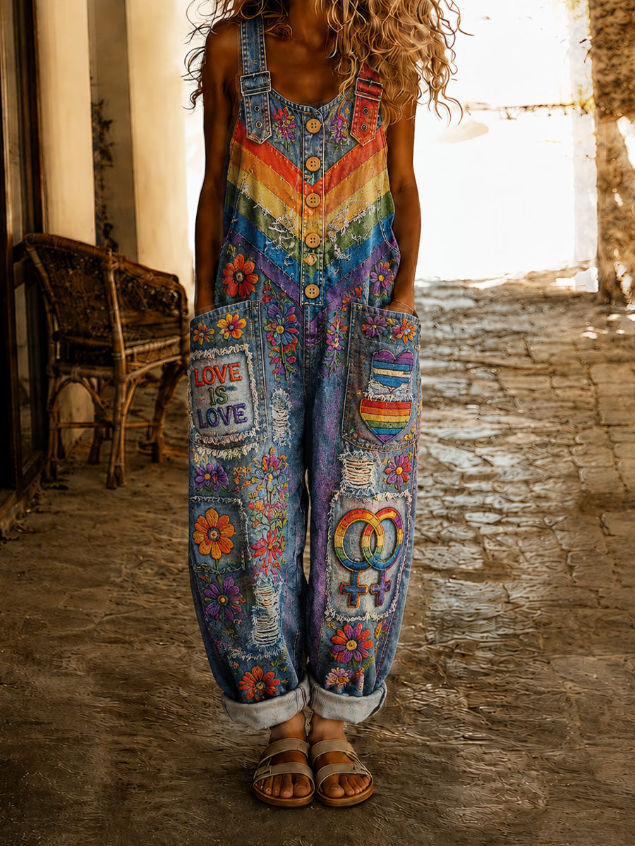 Women's Retro Pride Month Rainbow Art Print Washed Cotton Denim Patchwork Jumpsuit