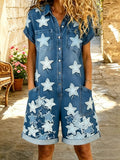 Women's Retro Floral Art Print Washed Cotton Denim Patchwork Jumpsuit