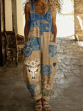 Women's Western Art Print Washed Cotton Denim Patchwork Jumpsuit