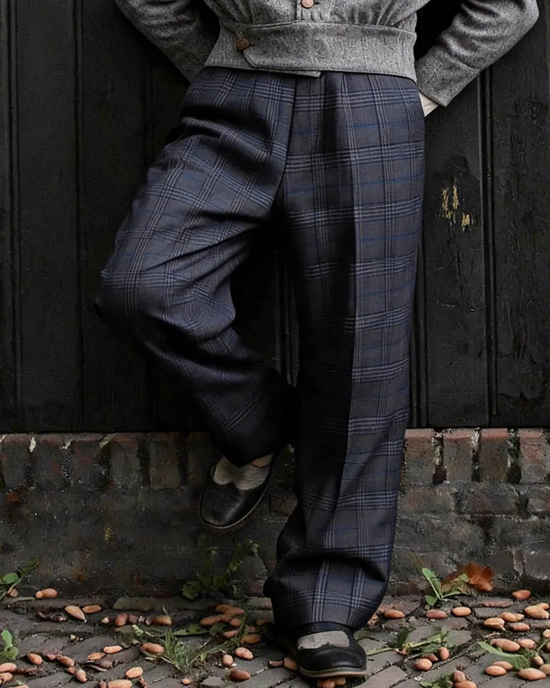 Vintage Pleated Dark Navy Charcoal Plaid Wide Leg Trousers