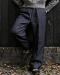 Vintage Pleated Dark Navy Charcoal Plaid Wide Leg Trousers