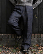 Vintage Pleated Dark Navy Charcoal Plaid Wide Leg Trousers