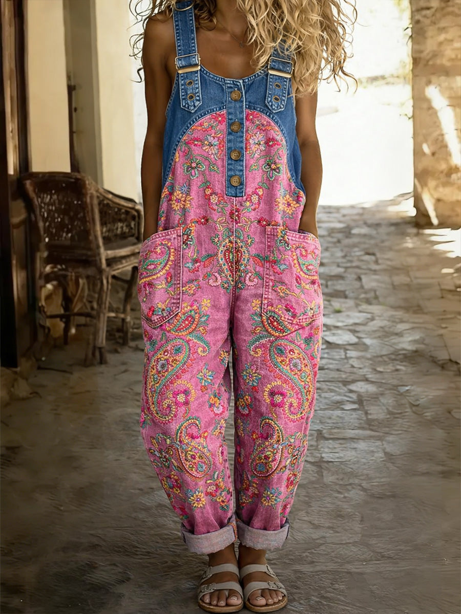 Floral Art Print Denim Patchwork Jumpsuit