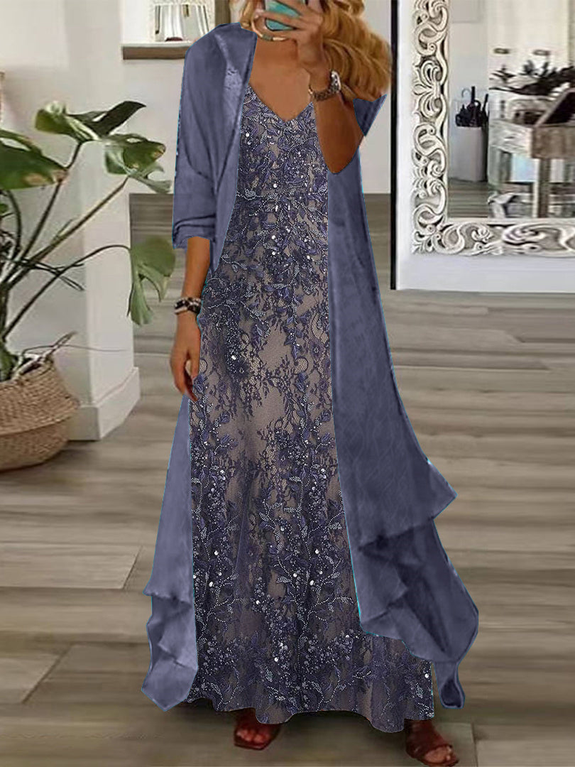 Nextmacys-Women's Long Sleeve V-neck Floral Printed Two Pieces Maxi Dress