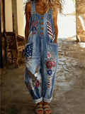 Women's Retro Style Art Print Washed Cotton Denim Patchwork Jumpsuit