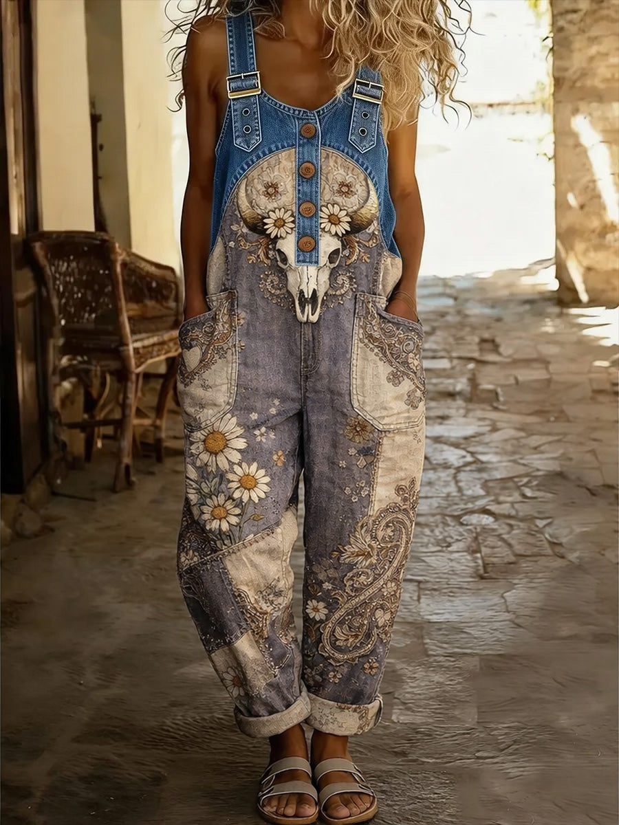 Women's Western Art Print Washed Cotton Denim Patchwork Jumpsuit