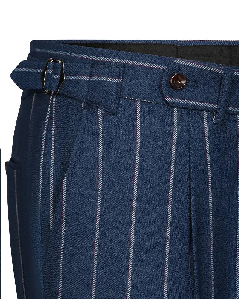 Vintage Navy Dual-Tone Pinstripe Double Pleat Side Adjuster Trousers