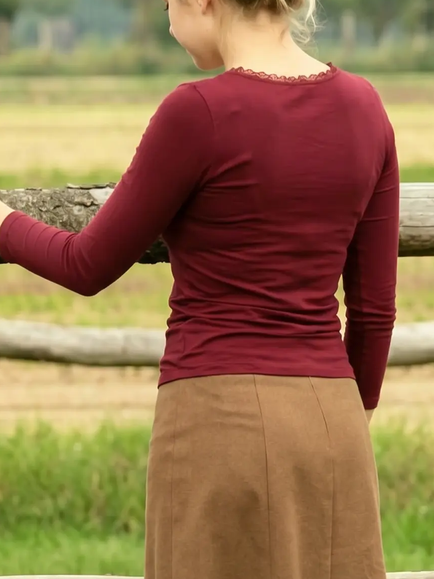 Wide Round Neck Ribbed Slim-Fit Long Sleeve Top