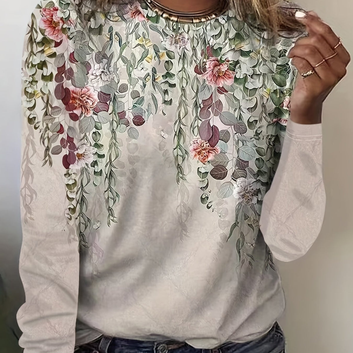 Floral Print Crew Neck T-Shirt, Casual Long Sleeve T-Shirt For Spring & Fall, Women's Clothing