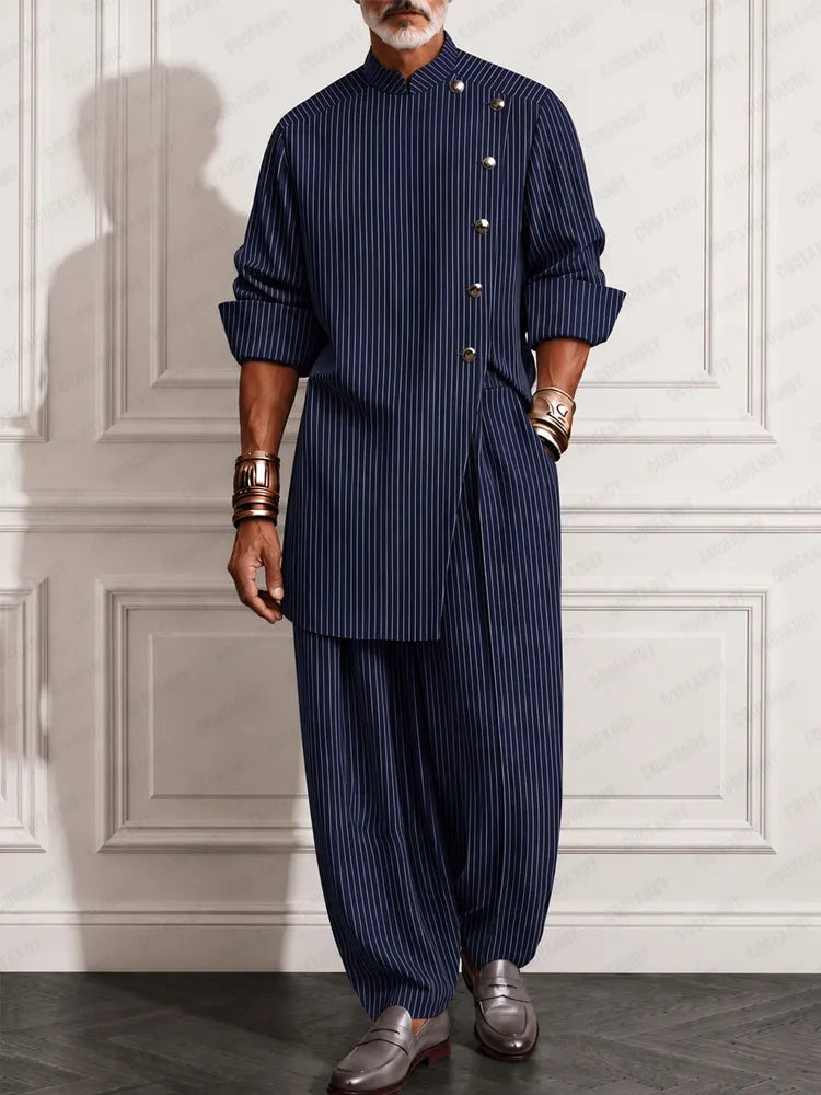 Refined Pinstripe Slit Longline Top Pants Set