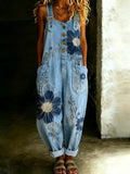 Women's Retro Floral Art Print Washed Cotton Denim Patchwork Jumpsuit
