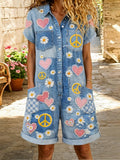 Women's Retro Floral Art Print Washed Cotton Denim Patchwork Jumpsuit