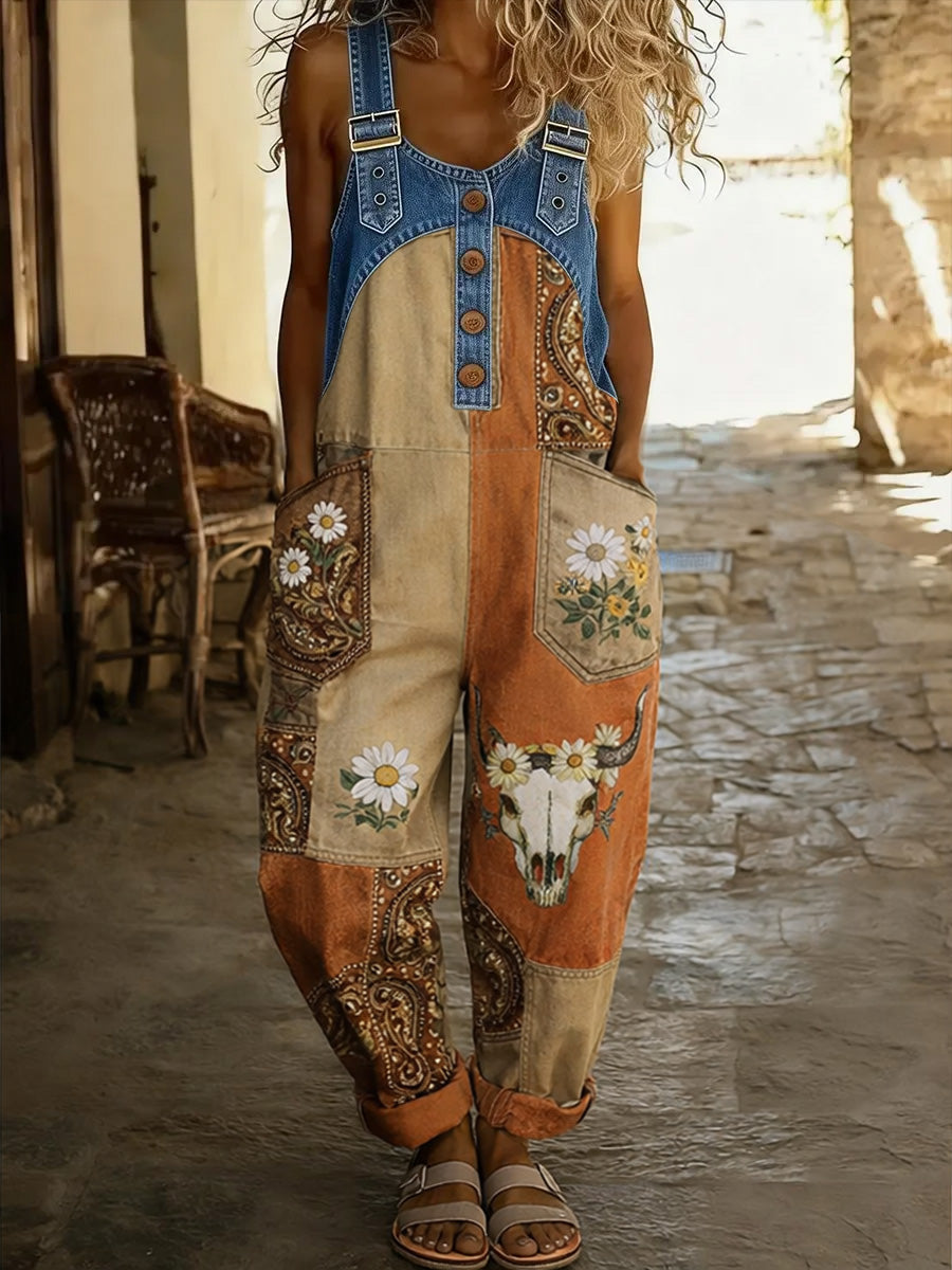 Women's Western Art Print Washed Cotton Denim Patchwork Jumpsuit