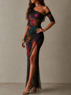 Retro Elegant Galaxy Print One-Shoulder Ruched Mesh Evening Maxi Dress