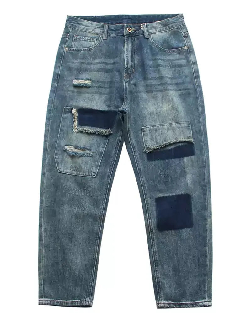 Vintage Faded©\Wash Denim Patchwork Distressed Jeans