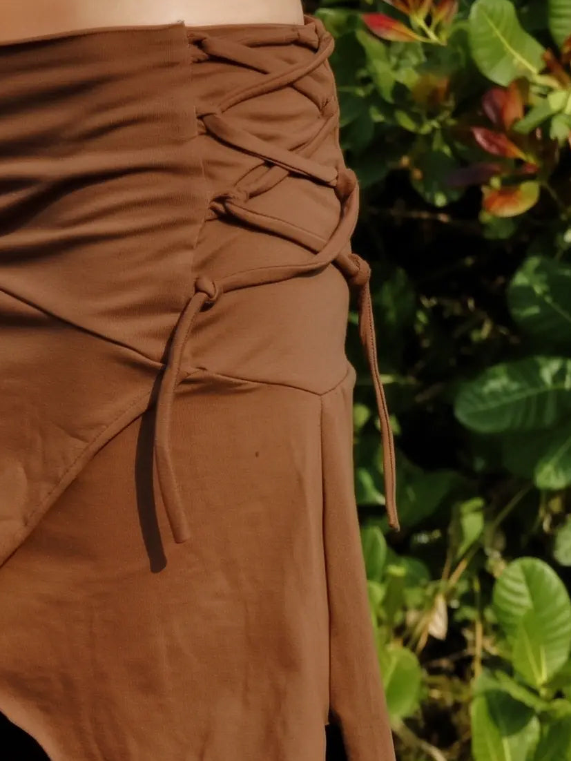 Asymmetric Wrap Skirt with Side Lace-Up Detail and Raw Hem