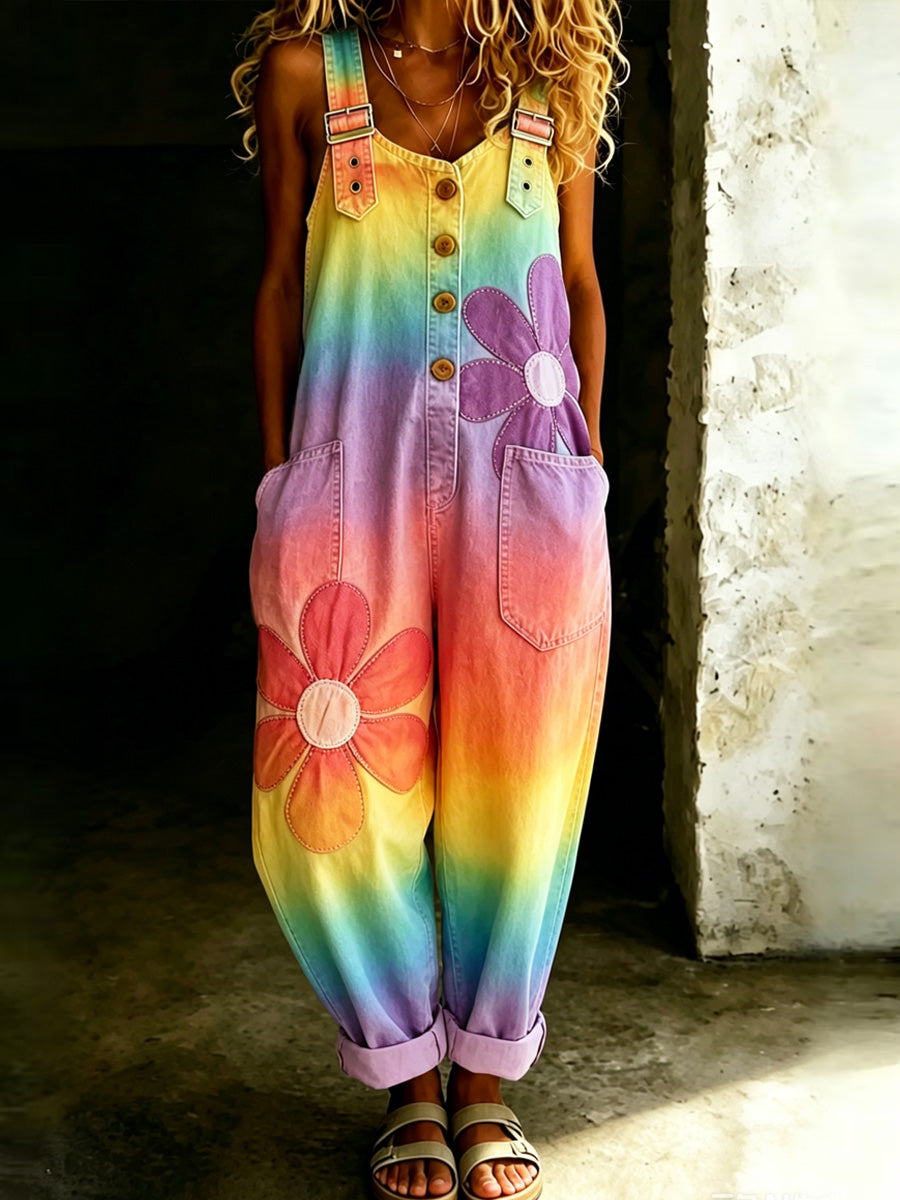 Women's Retro Pride Month Rainbow Art Print Washed Cotton Denim Patchwork Jumpsuit