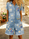 Women's Retro Floral Art Print Washed Cotton Denim Patchwork Jumpsuit