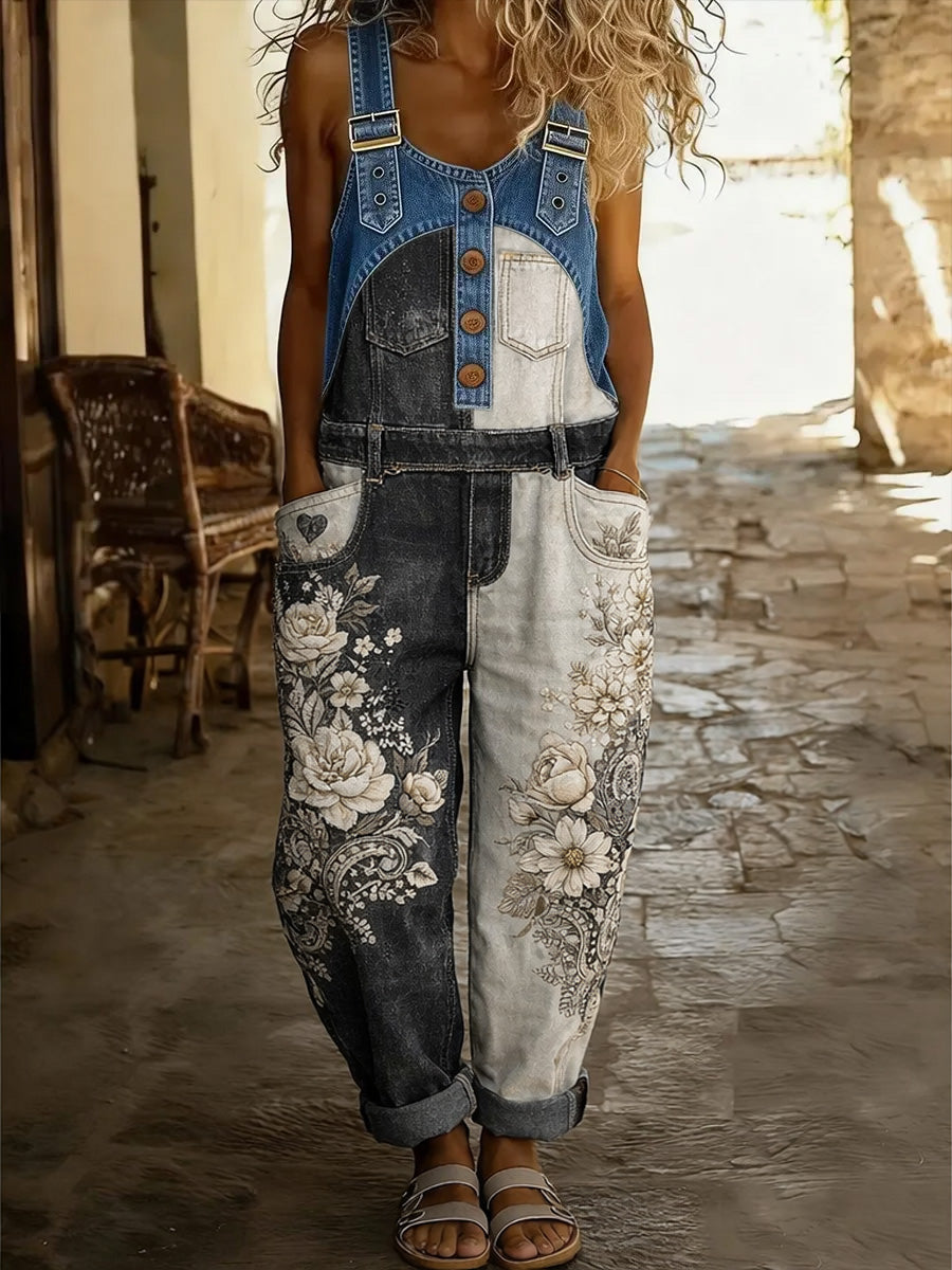 Women's Western Art Print Washed Cotton Denim Patchwork Jumpsuit
