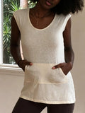 Crew Neck Cap Sleeve Kangaroo Pocket Loose Fit Top