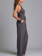 Charcoal Gray Lace Halter Crinkled Cotton-Linen Blend Wide-Leg Jumpsuit