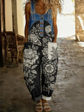 Women's Western Art Print Washed Cotton Denim Patchwork Jumpsuit
