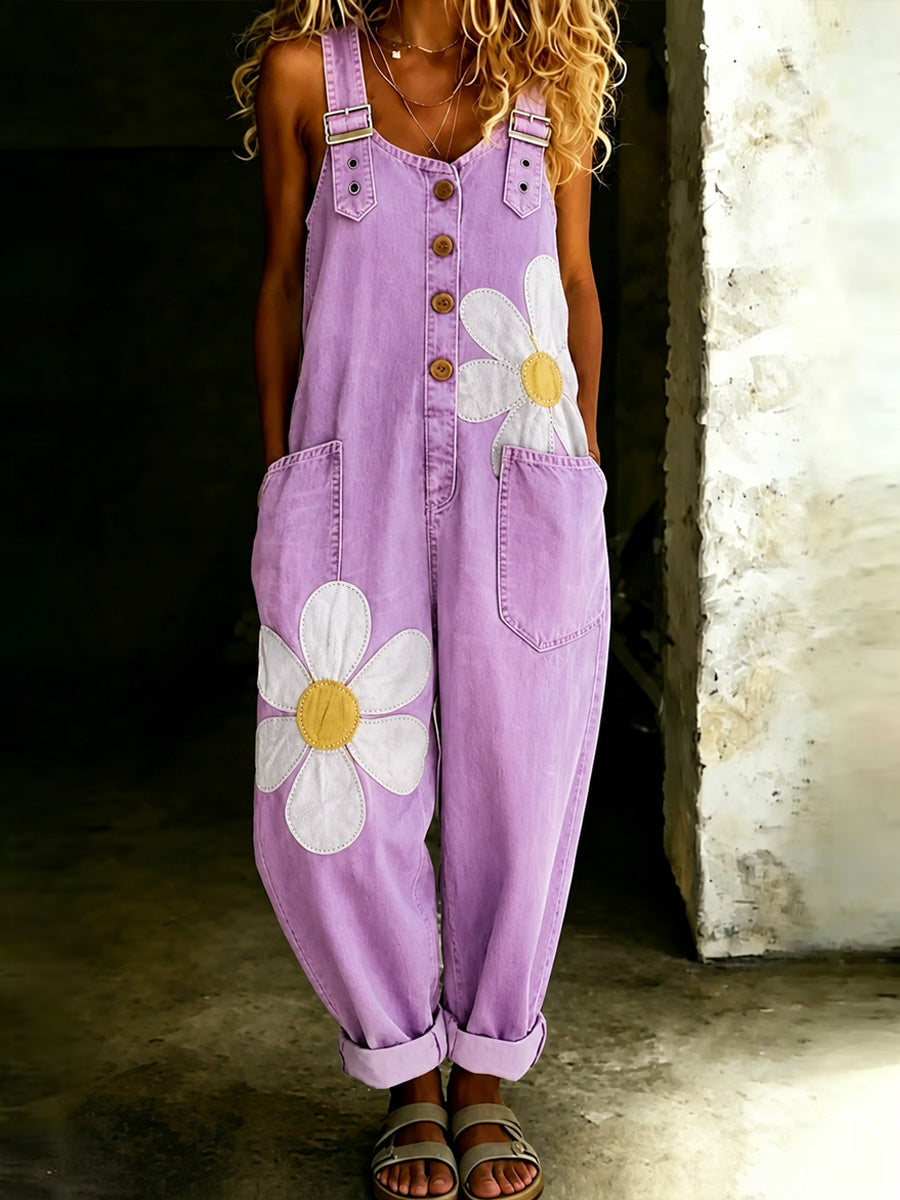 Women's Retro Floral Art Print Washed Cotton Denim Patchwork Jumpsuit