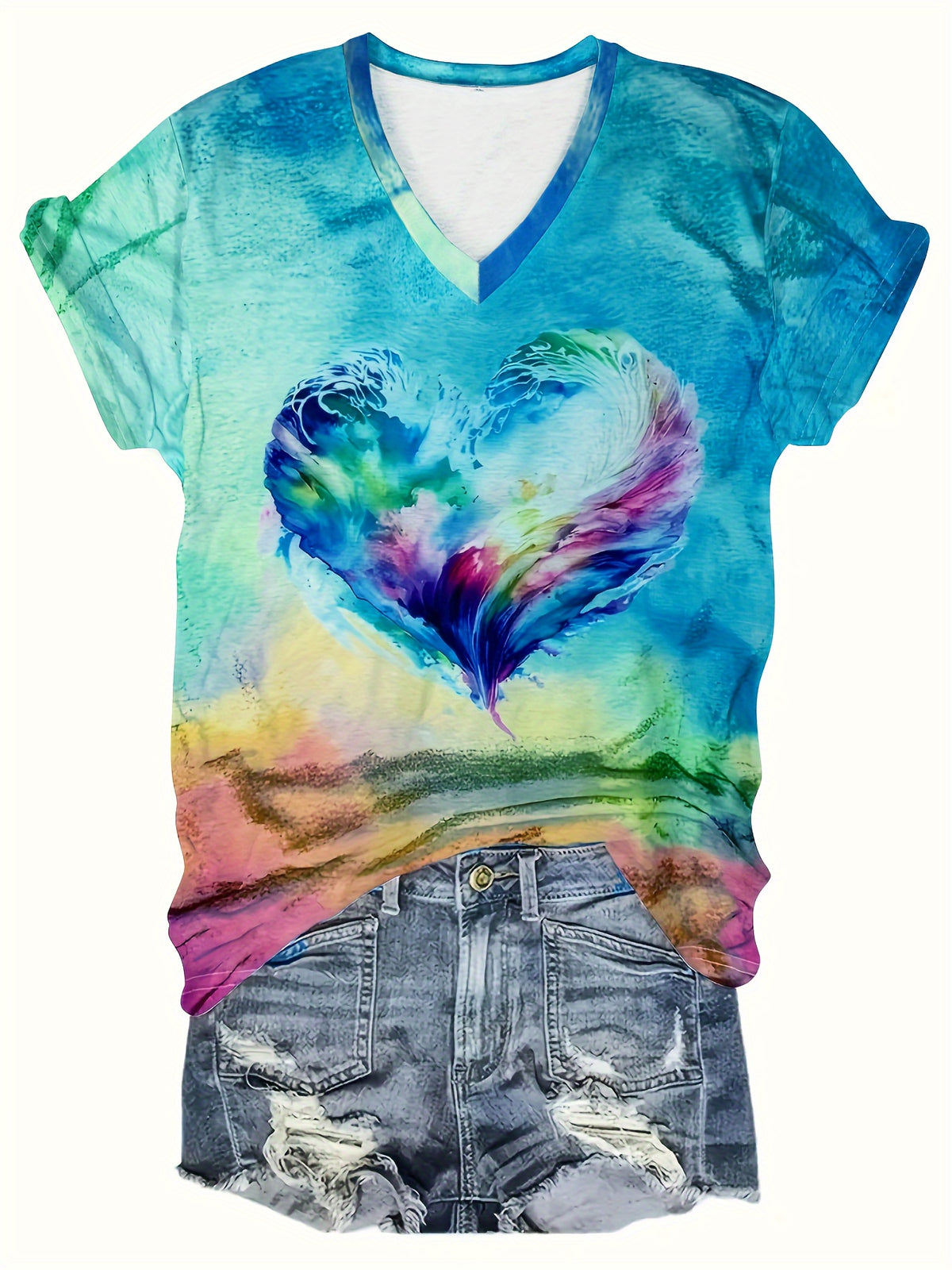 Heart Print V Neck T-Shirt, Casual Short Sleeve T-Shirt For Summer, Women's Clothing