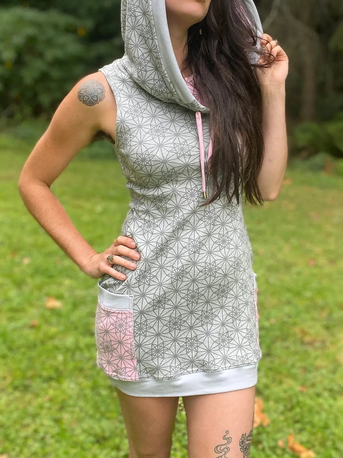Organic Cotton Grey Cowl Hooded Dress with Pockets