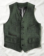 Vintage Dark Green Herringbone Tweed Multi©\Pocket Vest