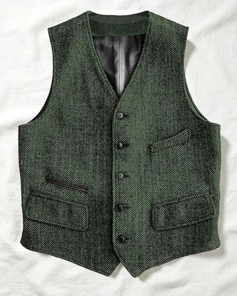 Vintage Dark Green Herringbone Tweed Multi©\Pocket Vest