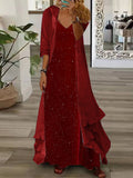 Women's Long Sleeve V-neck Polka Dot Printed Two Pieces Maxi Dress