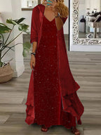 Women's Long Sleeve V-neck Polka Dot Printed Two Pieces Maxi Dress