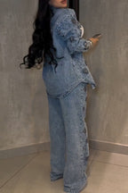 Fashion Rhinestone Floral Jacket + Elastic Waist Wide Leg Jeans