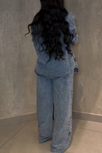 Fashion Rhinestone Floral Jacket + Elastic Waist Wide Leg Jeans