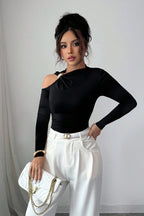 Lady's Asymmetric Neckline One-Shoulder Metal Decor Slim Top